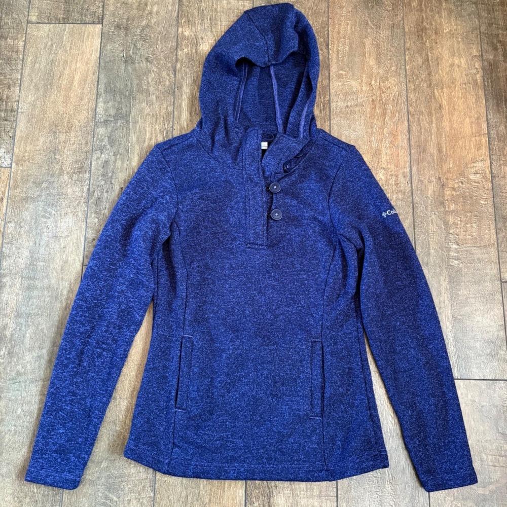 Columbia Womens Knit Hoodie Pullover 3/4 Button Front Pockets Indigo Size Small